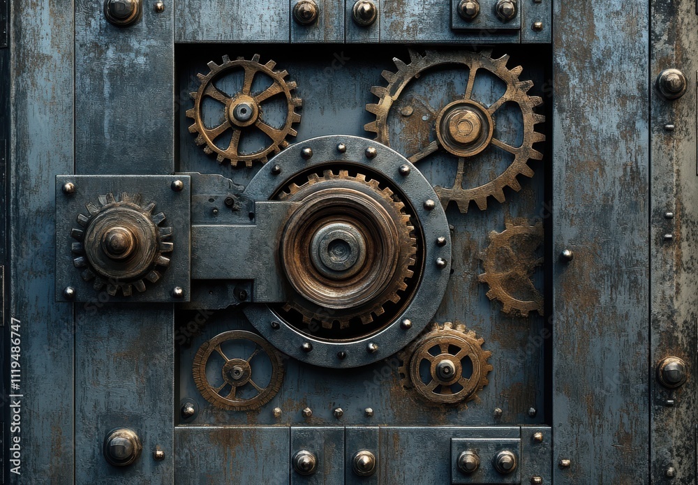 Intricate Close-Up of Steampunk Style Gears with Antique Metal Finish, Capturing the Beauty of Mechanical Design in Artistic Engineering and Vintage Aesthetics Intricate Close-Up of Steampunk Style Gears with Antique Metal Finish, Capturing the Beauty of Mechanical Design in Artistic Engineering and Vintage Aesthetics