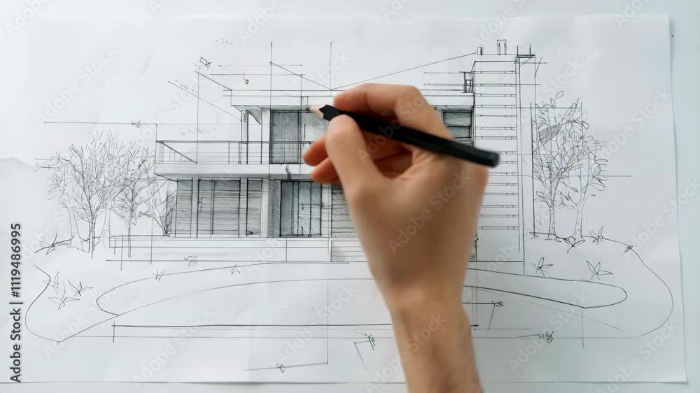 Top view of female hand with pencil drawing house architect design sketch