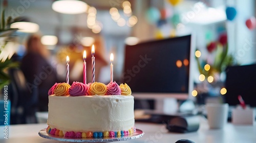 Birthday cake celebrating in the office with burning candles photo