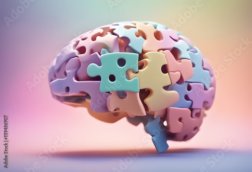 3D brain model with puzzle pieces on pastel background