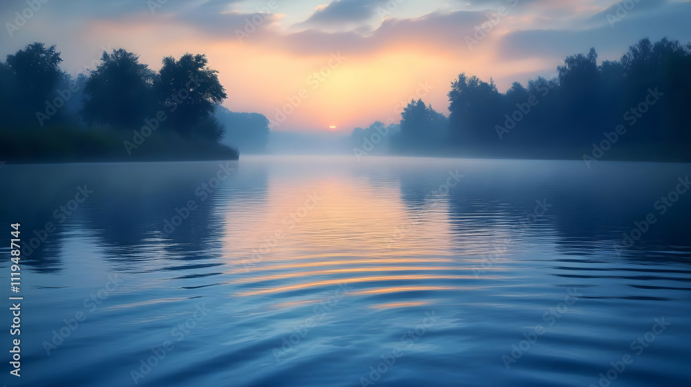 Fototapeta premium Misty River Sunrise Landscape Illustration