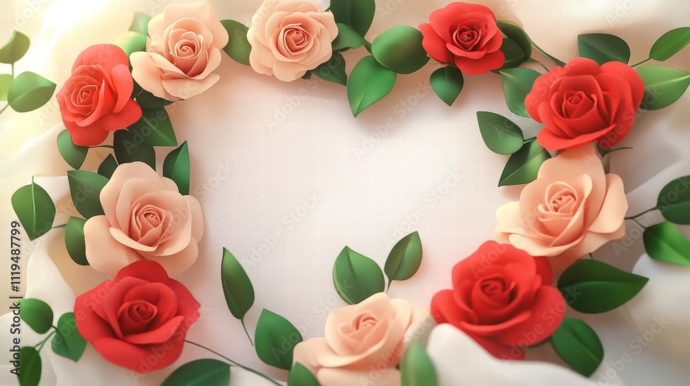Beautiful Heart Shaped Arrangement of Red and Pink Roses Surrounded by Green Leaves on a Soft Background for Romantic Occasions Beautiful Heart Shaped Arrangement of Red and Pink Roses Surrounded by Green Leaves on a Soft Background for Romantic Occasions