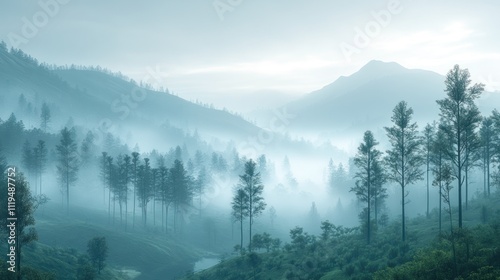 Misty mountain valley with evergreen trees at dawn.