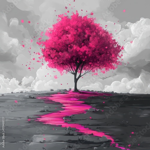 Pink Tree Blossoms Flowing River Landscape