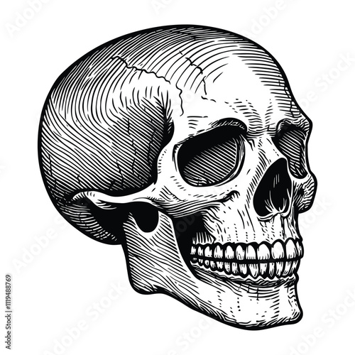 Detailed Skull Side Profile in Vintage Black and White Vector Illustration