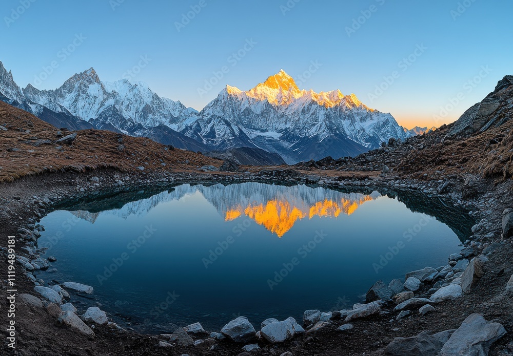 Majestic Sunrise Over Crystal Clear Lake Reflecting Snow-Capped Peaks in the Himalayas, Surrounded by Rustic Terrain and Vibrant Sky Majestic Sunrise Over Crystal Clear Lake Reflecting Snow-Capped Peaks in the Himalayas, Surrounded by Rustic Terrain and Vibrant Sky
