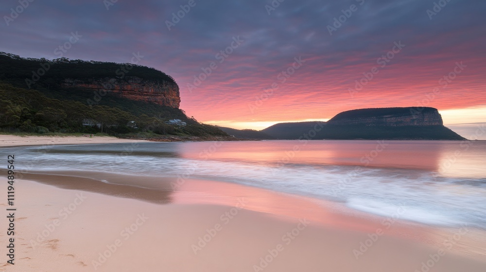 Fototapeta premium Serene sunrise over a tranquil beach with dramatic cliffs reflecting in calm waters.