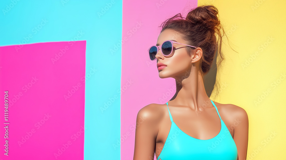 Young hispanic female in sunglasses against colorful wall background Young hispanic female in sunglasses against colorful wall background