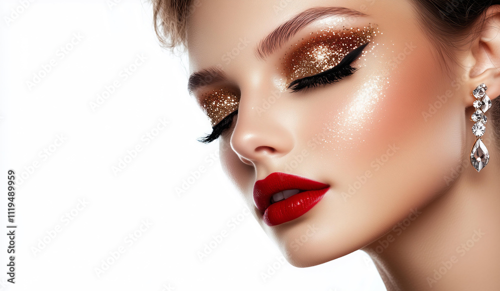 Fototapeta premium closeup of a stylish young woman with shiny golden glitter eyeshadow , red lipstick and crystal earrings, close-up portrait on a white background. Beautiful model girl in evening makeup, fashion photo