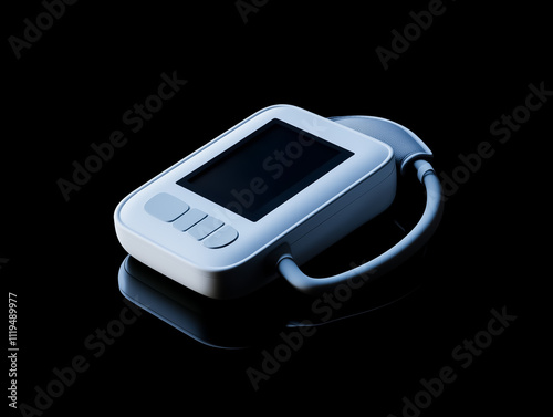 A lightweight blood pressure monitor with an intuitive digital display and adjustable cuff, elegantly placed on a reflective surface, isolated on a black background. photo