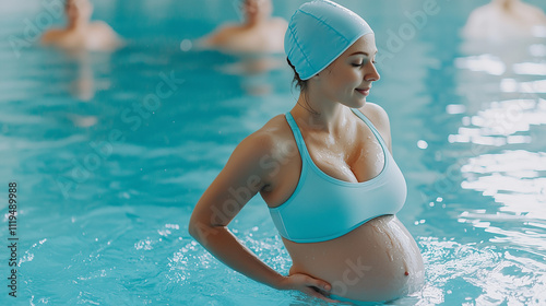 Aqua Fitness for Expecting Mothers: Serene pregnant woman enjoys a refreshing aqua fitness class, promoting health and well-being during pregnancy. Gentle movements in the pool. photo