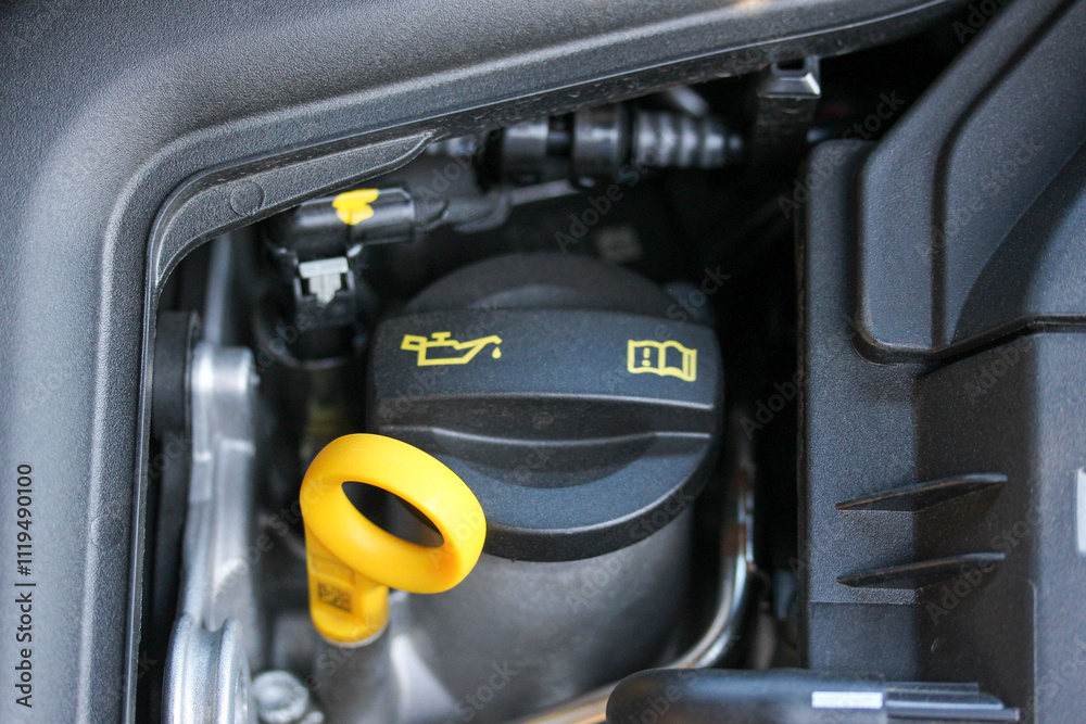 Concealed dipstick and oil filler cap in a modern vehicle engine bay