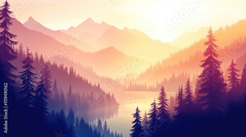 Serene sunset over a mountain lake and forest.