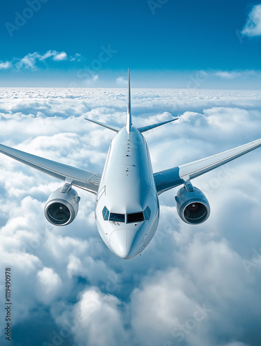 Plane flies above the clouds. White modern airplane, blue sky and white clouds. Traveling by airplane. 