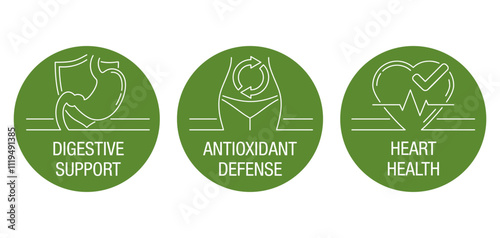 Badges set - Digestive System Support, Heart Health, Antioxidant Defense