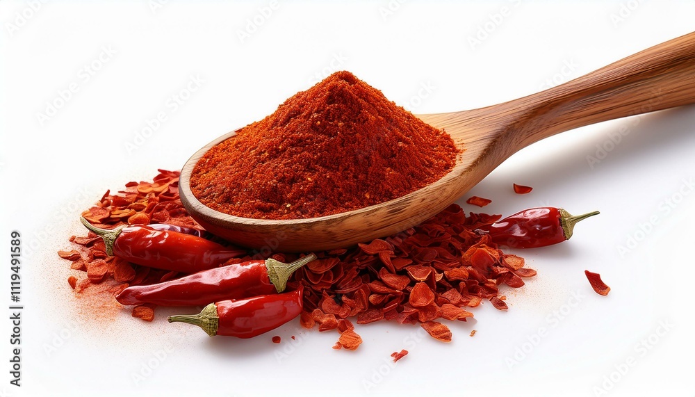 Vibrant red chili flakes and finely milled paprika on a rustic wooden spoon, isolated on a clean white background, showcasing bold and spicy flavors Vibrant red chili flakes and finely milled paprika on a rustic wooden spoon, isolated on a clean white background, showcasing bold and spicy flavors