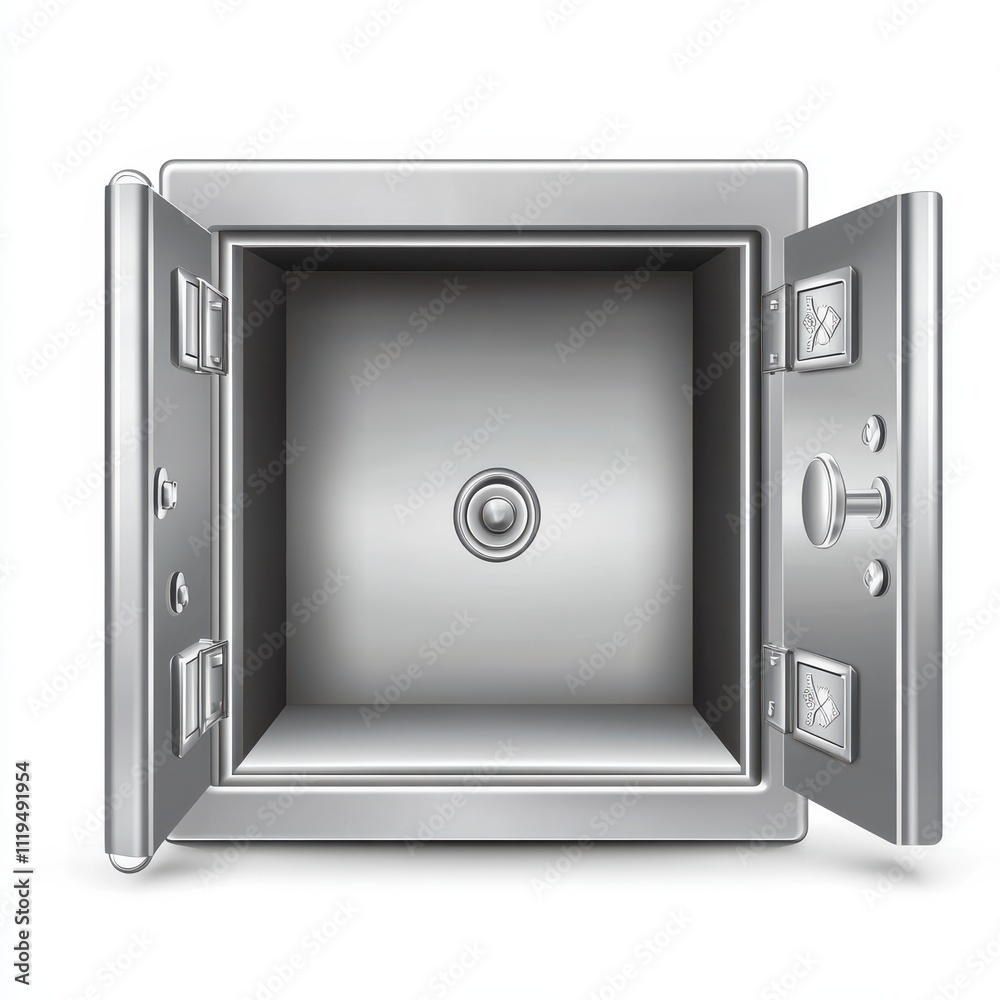 Open Metal Safe with Reflective Interior Showing Empty Space for Storage or Security Purposes, Ideal for Banking, Finance, and Business Concepts Open Metal Safe with Reflective Interior Showing Empty Space for Storage or Security Purposes, Ideal for Banking, Finance, and Business Concepts