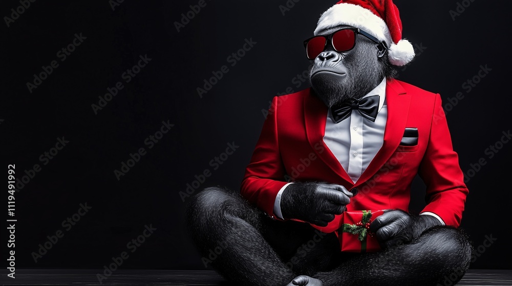 Gorilla in a red tuxedo and Santa hat holding a Christmas gift against a black background. Perfect for festive humor Gorilla in a red tuxedo and Santa hat holding a Christmas gift against a black background. Perfect for festive humor