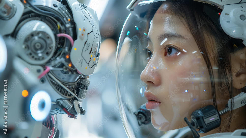 Fototapeta premium Studio Shot Face to Face with AI Robot