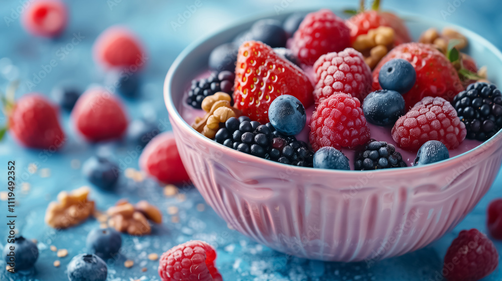 Creative Breakfast with Fruits and Yogurt in a Pink Bowl from Above Creative Breakfast with Fruits and Yogurt in a Pink Bowl from Above