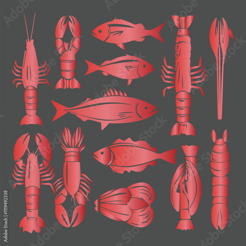 Vector shrimp, lobster, crab and spiny lobster on simple background.