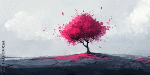 Vivid Pink Tree in a Gray Landscape