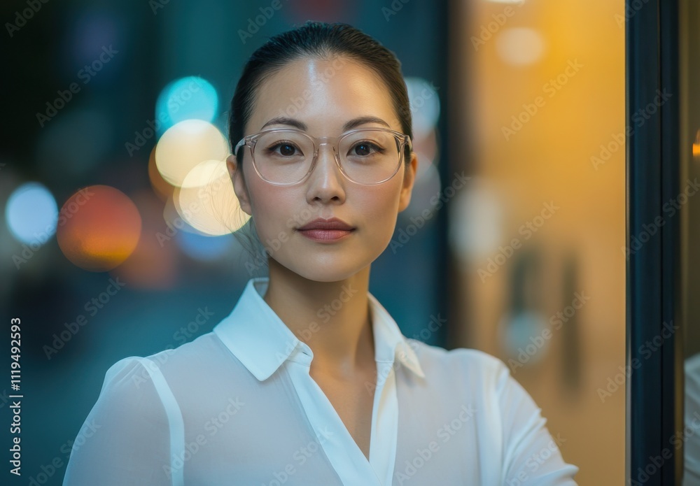 Professional woman with glasses posing confidently at night in a vibrant urban setting, reflecting city lights and a modern atmosphere of sophistication and style. Professional woman with glasses posing confidently at night in a vibrant urban setting, reflecting city lights and a modern atmosphere of sophistication and style.