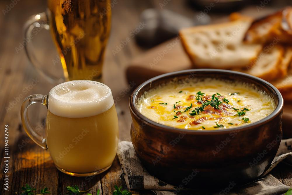 Steaming cheese soup with herb garnish and beer in pint glass