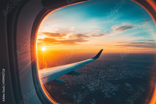 View from the porthole onto an airplane wing. Flying over the clouds. Traveling by plane. Sunset, blue sky and bright yellow sun above the horizon. View of a big city from an airplane. photo