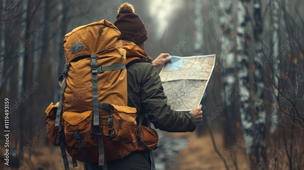 Naklejka premium A man with a backpack and a hand holding map in the forest. Traveling with a backpack.