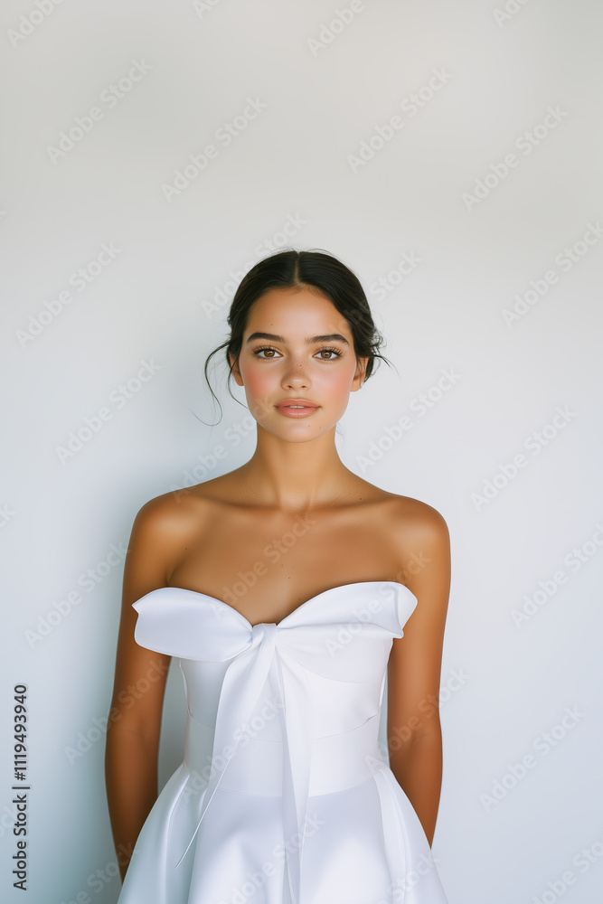 Elegant representation of Miss Universe in a stunning white gown against a neutral backdrop exhibiting beauty and poise Elegant representation of Miss Universe in a stunning white gown against a neutral backdrop exhibiting beauty and poise