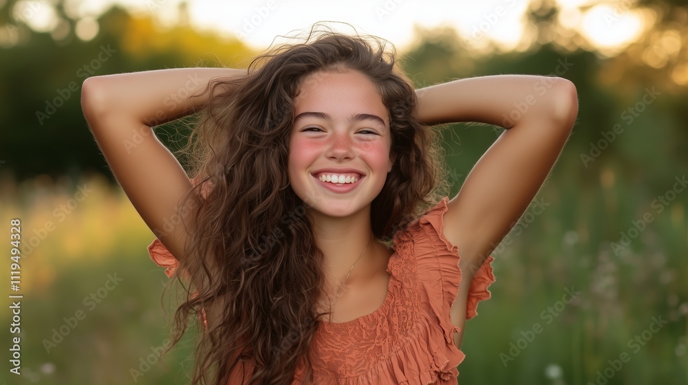 Girl with curly hair smiles happily in a sunny field during golden hour near a blooming landscape Girl with curly hair smiles happily in a sunny field during golden hour near a blooming landscape
