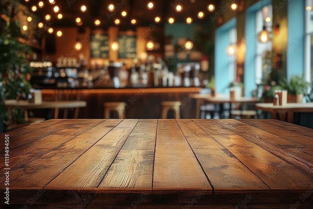 Wooden table top with blurry cafe background, warm tones Wooden table top with blurry cafe background, warm tones