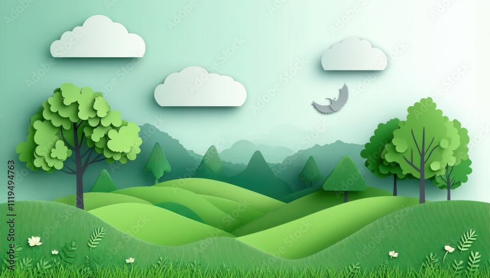 Fototapeta premium Serene Green Landscape with Paper Cut Trees and Clouds Ideal for Nature-Themed Design and Eco-Friendly Projects in a Tranquil Environment