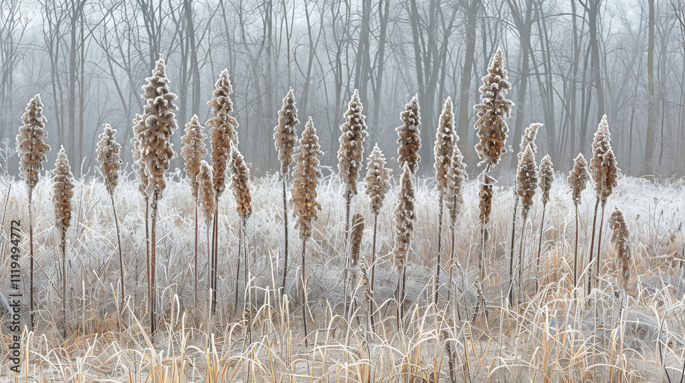 Fototapeta premium Winter morning in the woods. Frost-covered plants in the forest at sunrise