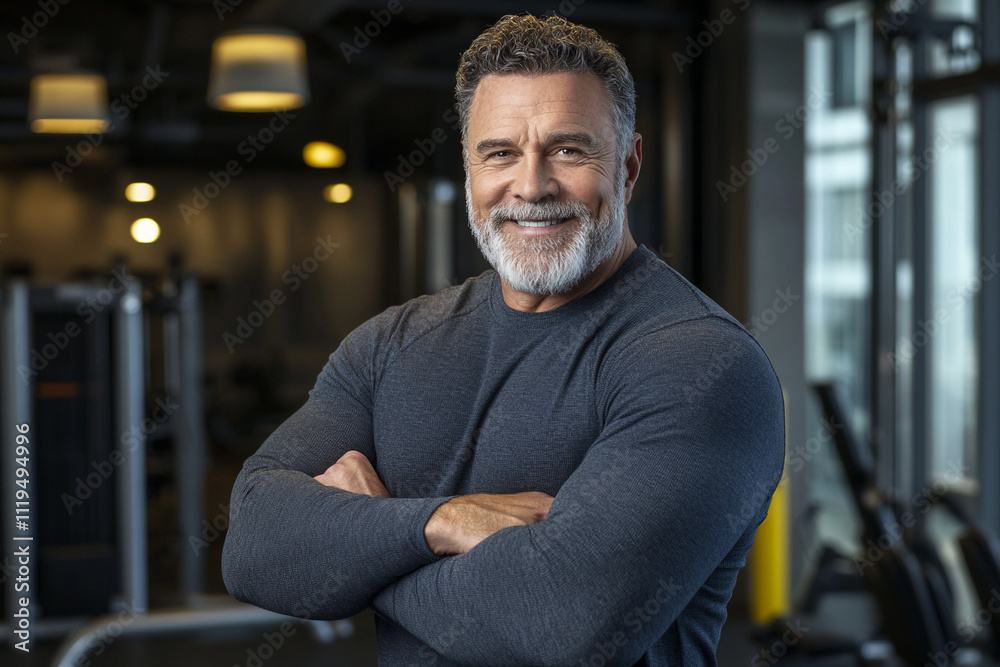 Senior happy caucasian man confidently in a modern gym, showcasing strength and resilience Senior happy caucasian man confidently in a modern gym, showcasing strength and resilience
