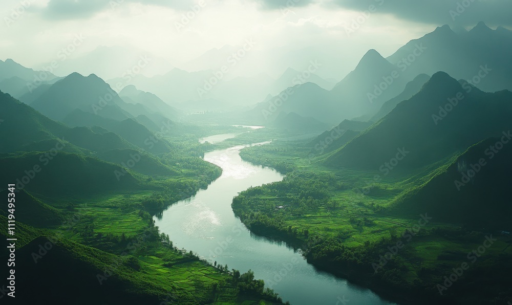 Serene Landscape of a Winding River Surrounded by Lush Green Mountains Under a Misty Sky, Evoking Peace and Tranquility in Nature's Embrace Serene Landscape of a Winding River Surrounded by Lush Green Mountains Under a Misty Sky, Evoking Peace and Tranquility in Nature's Embrace