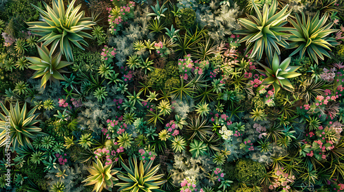 Ground Cover with Yucca Brevifolia, Berberis Thunbergii Helmond Pillar, Flowers, and Grass: 3D rendering, spring and summer vibes, top view. photo