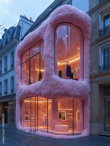 A futuristic clothing store, designed, made with glass and pink fur.