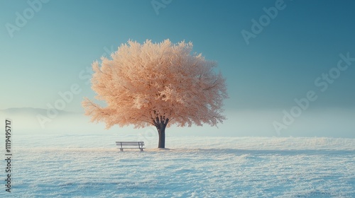 White tree, snow, bench.