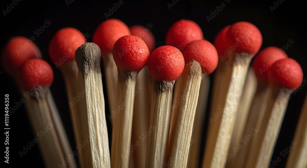 A close up of a set of wooden matches arranged on an isolated dark background. The match heads are red in color and the wooden sticks have a natural texture. The sticks are ready to use. A close up of a set of wooden matches arranged on an isolated dark background. The match heads are red in color and the wooden sticks have a natural texture. The sticks are ready to use.