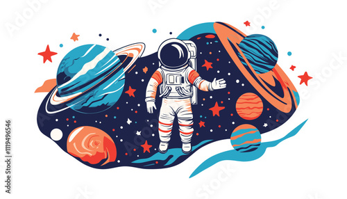 Astronaut Floating in Outer Space with Vibrant Planets and Starry Background