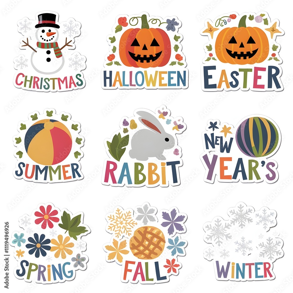 A set of seasonal and holiday themed stickers and Christmas sticker, halloween, easter 