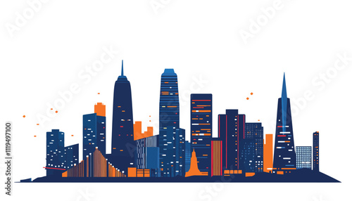 Vibrant Cityscape Illustration Featuring Tall Skyscrapers and Abstract Design