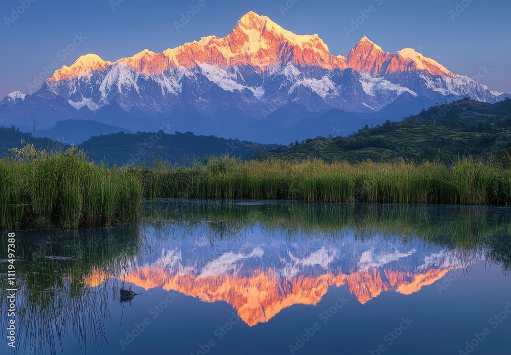 Fototapeta premium Serene Reflection of Majestic Snow-Capped Peaks at Dawn, Glowing in Warm Sunrise Colors with Lush Greenery and Tranquil Water Below
