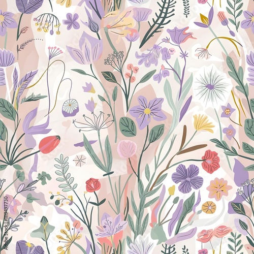 Seamless pattern featuring a detailed botanical pattern  variety of wildflowers and plants. 