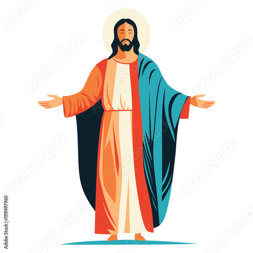 Modern Flat Jesus Illustration with Open Arms and Colorful Robe