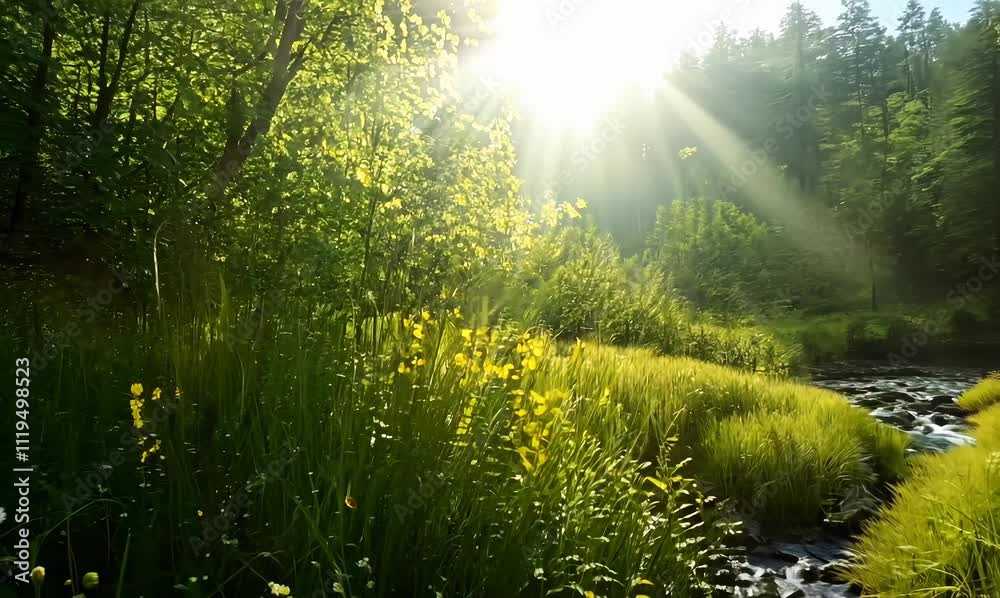 exploring a vibrant forest trail with sunlight and wildflowers
