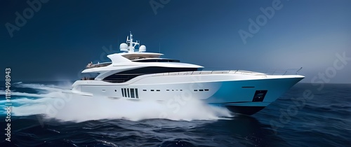 A closeup of a sleek white luxury yacht cutting through a deep blue ocean with waves splashing around its bow