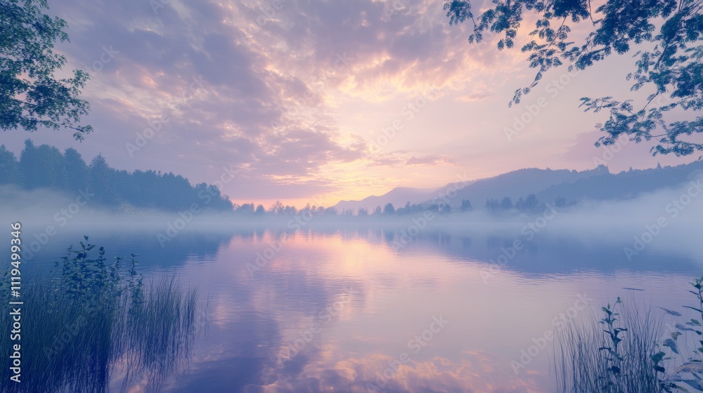 Fototapeta premium Serene Landscape with Calm Lake and Reflecting Sunrise Colors